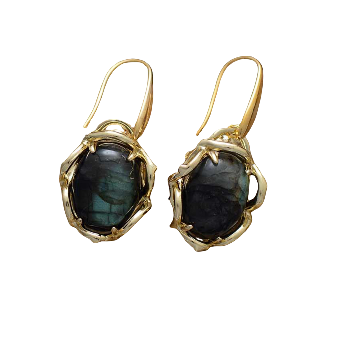 Brown Labradorite & Goldtone Framed Drop Earrings
