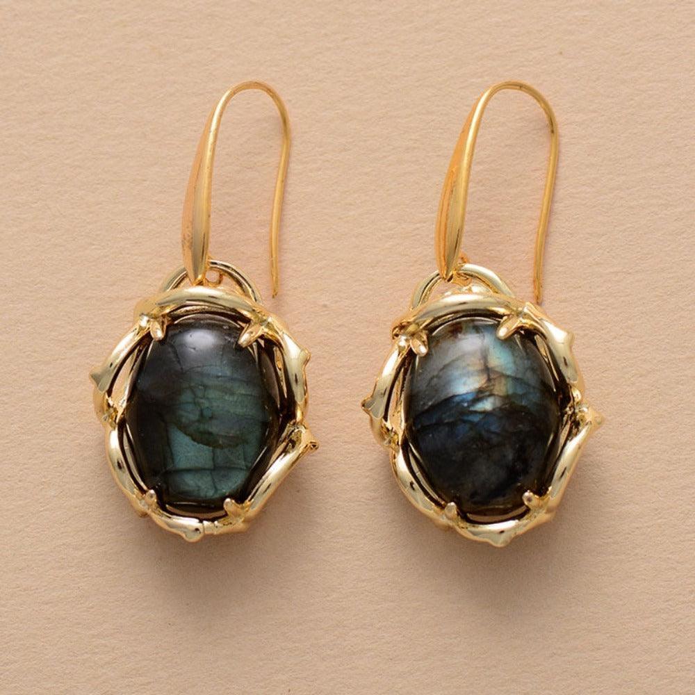 Brown Labradorite & Goldtone Framed Drop Earrings