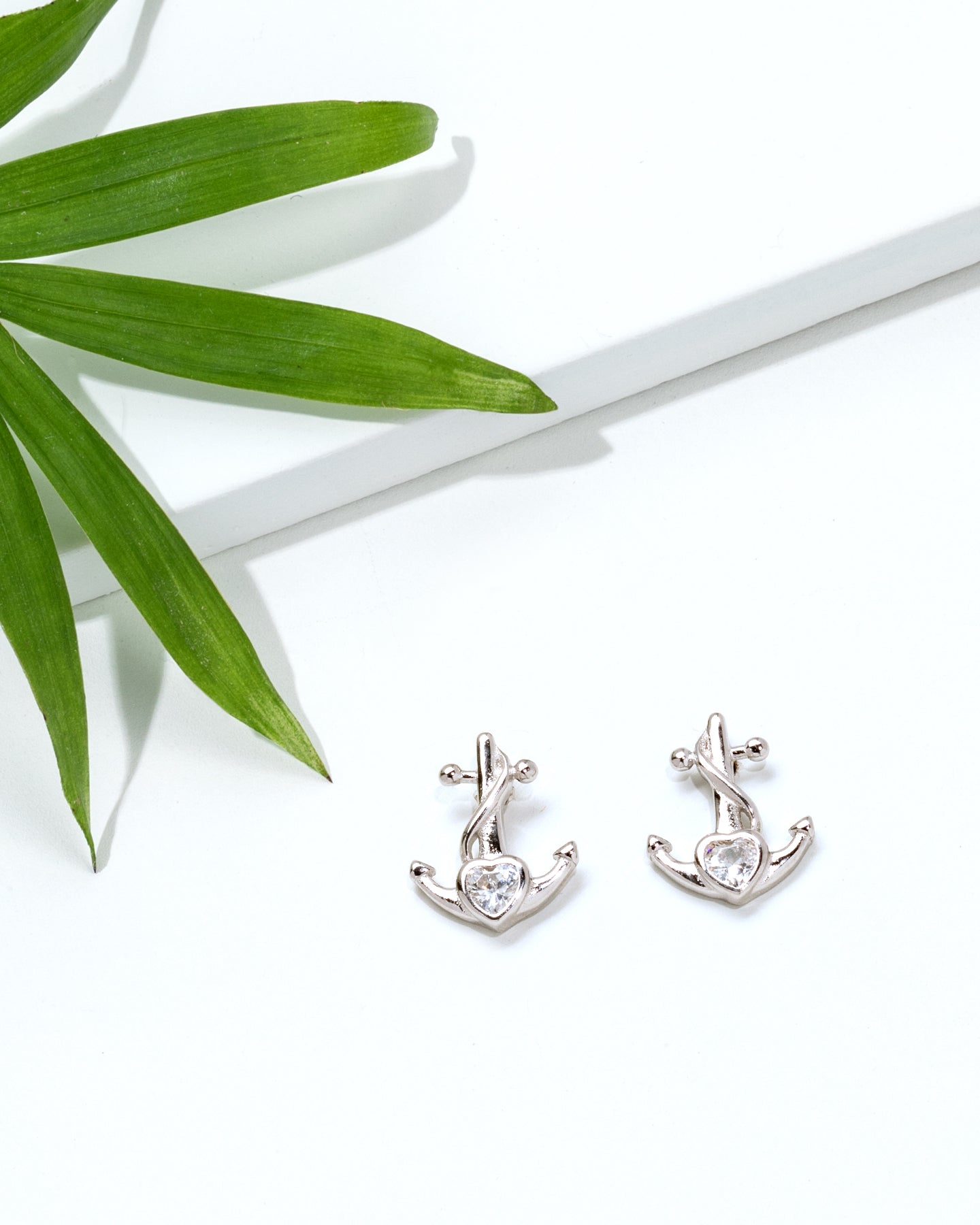 Sterling Silver Anchor Stud Earrings with Heart Cubic Zirconia Accent