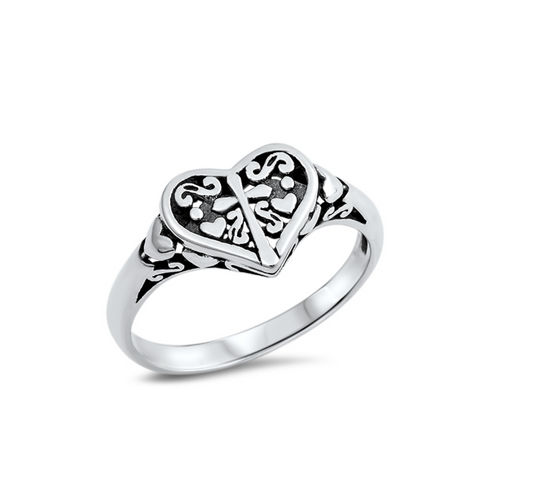 Sterling Silver Heart & Cross Medieval Ring