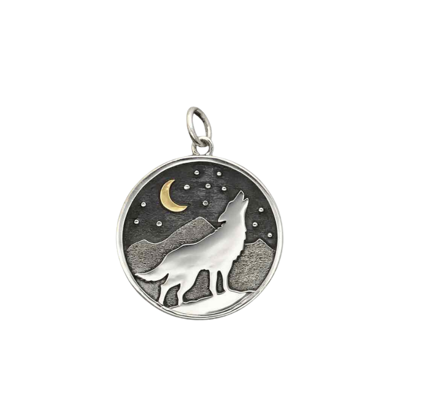 Sterling Silver wolf in Starry Night Rond Pendant