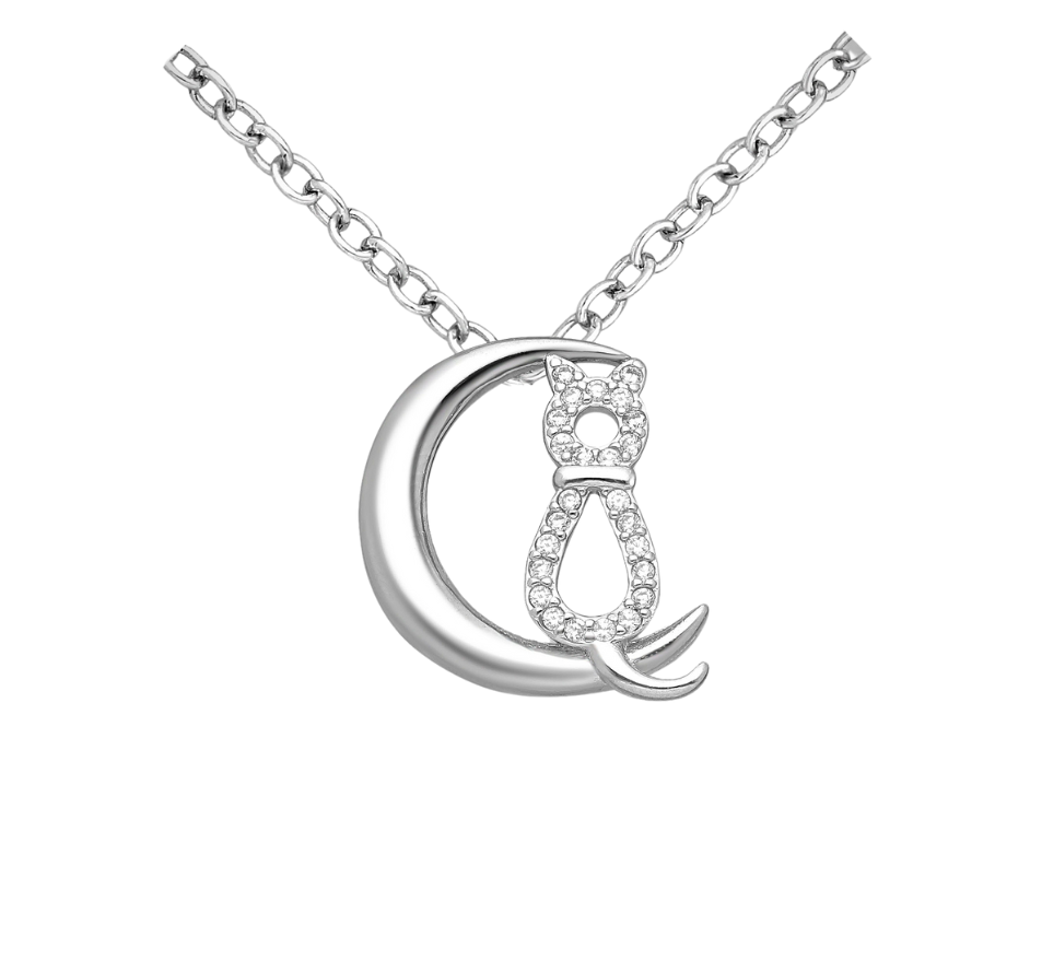 Cubic Zirconia & Sterling Silver Cat Crescent Moon Pendant Necklace