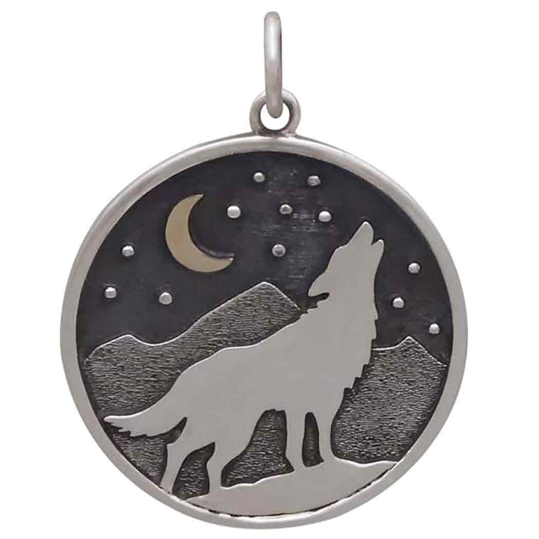 Sterling Silver wolf in Starry Night Rond Pendant