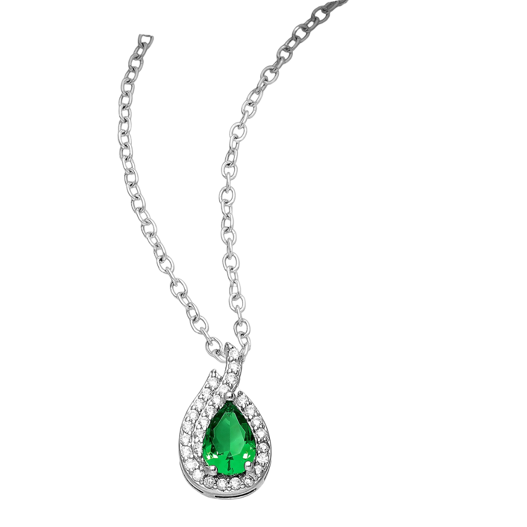 Sterling Silver & Green Cubic Zirconia Droplet Halo Pendant Necklace