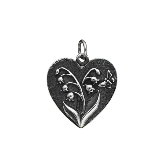 Oxidize Sterling Silver Heart Lily of Valley Pendant