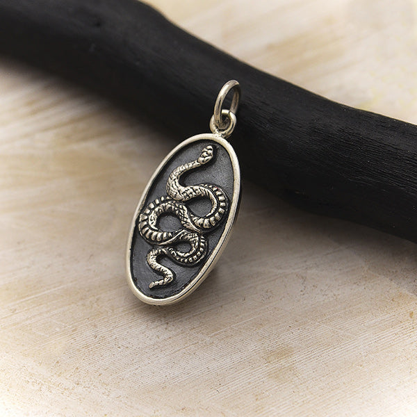 Sterling Silver Oxidized Snake Oval Pendant