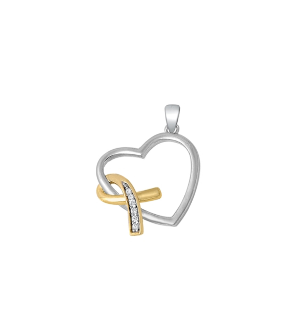 Sterling Silver Two-tone Heart & Breast Cancer Ribbon Pendant