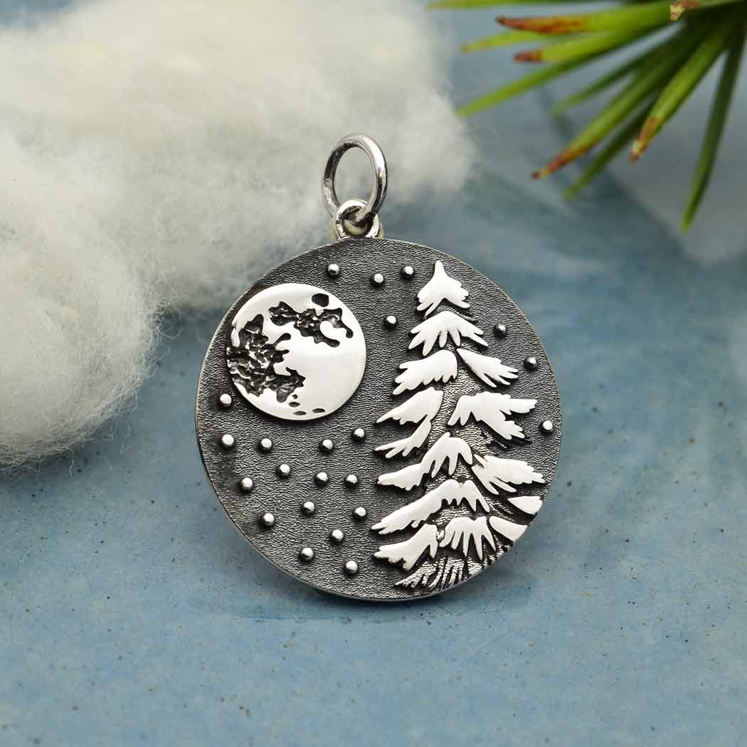 Sterling Silver Full Moon & Snow Tree Pendant