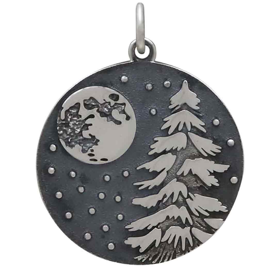 Sterling Silver Full Moon & Snow Tree Pendant