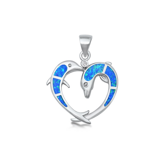 Sterling Silver & Lab-Created Blue Opal Dolphin Heart Shape Pendant