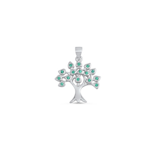 Sterling Silver & Green Cubic Zirconia Tree of Life Pendant