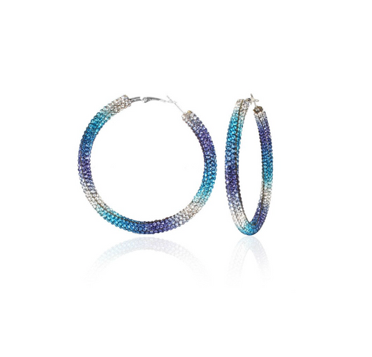 Blue, Purple Clear Crystal Pave Statement Hoop Earrings