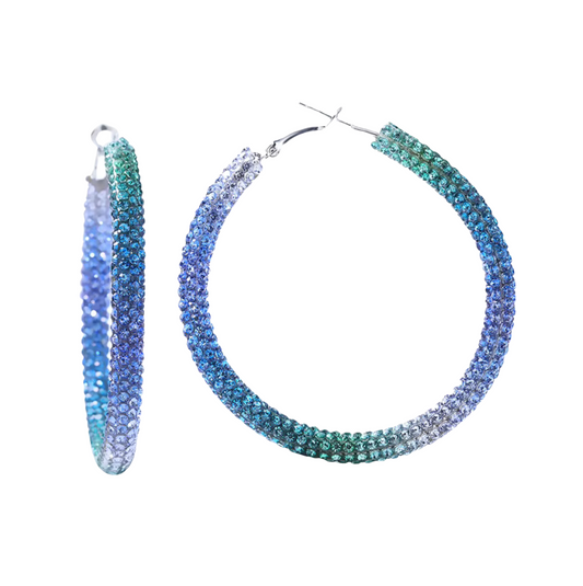 Blue, Purple Clear Crystal Pave Statement Hoop Earrings