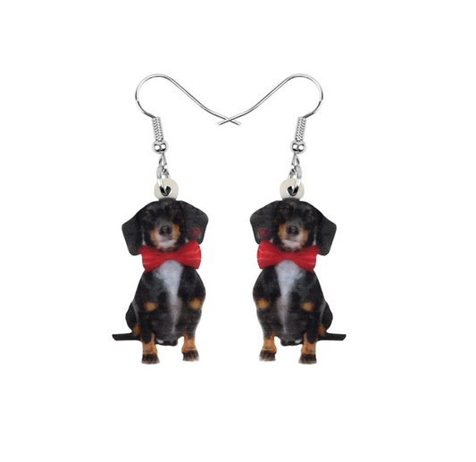 Black Dog With Red Bow Tie Drop Earrings