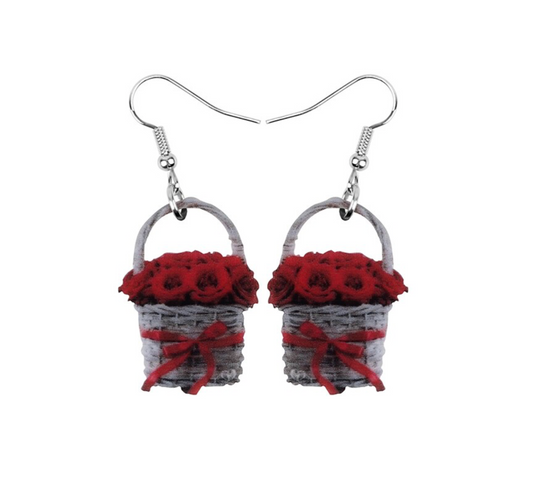 Basket Of Red Roses Drop Earrings