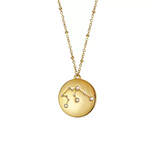 Goldtone & CZ Zodiac Sign Circular Pendant Necklace
