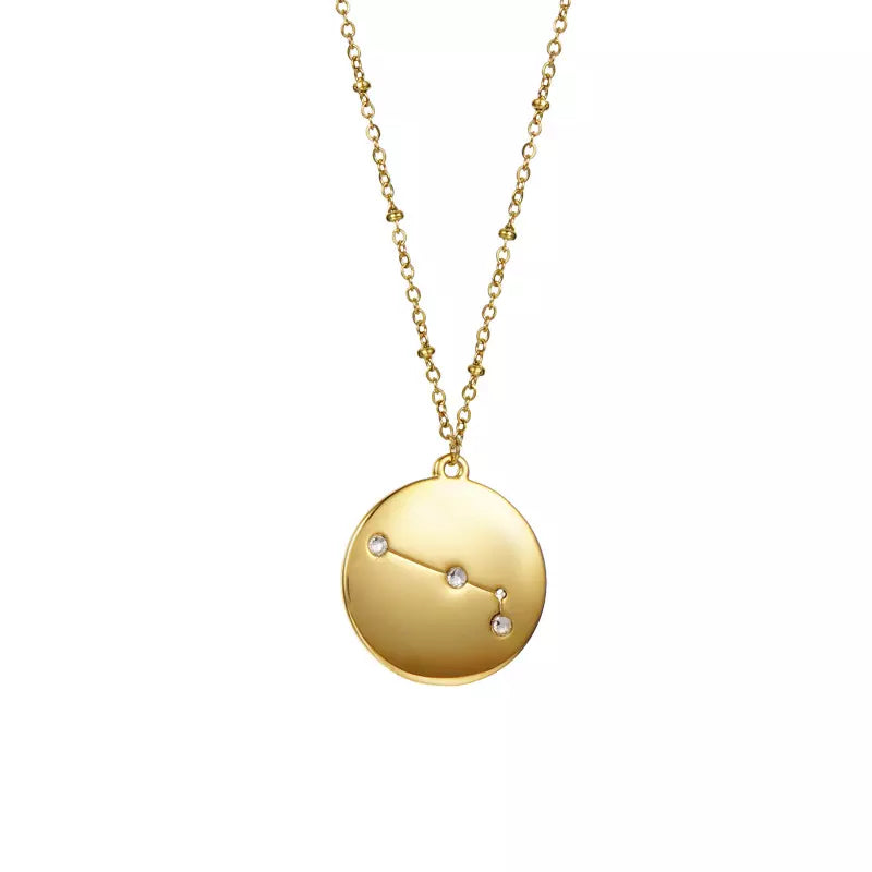 Goldtone & CZ Zodiac Sign Circular Pendant Necklace