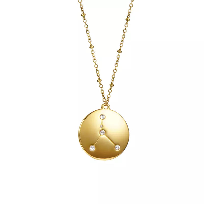 Goldtone & CZ Zodiac Sign Circular Pendant Necklace