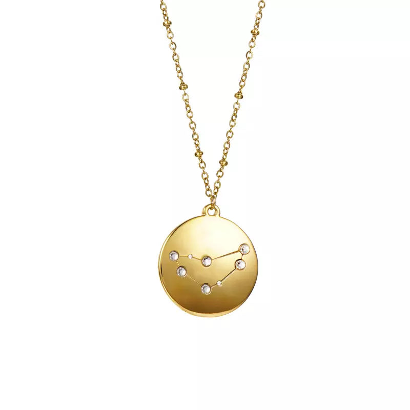 Goldtone & CZ Zodiac Sign Circular Pendant Necklace