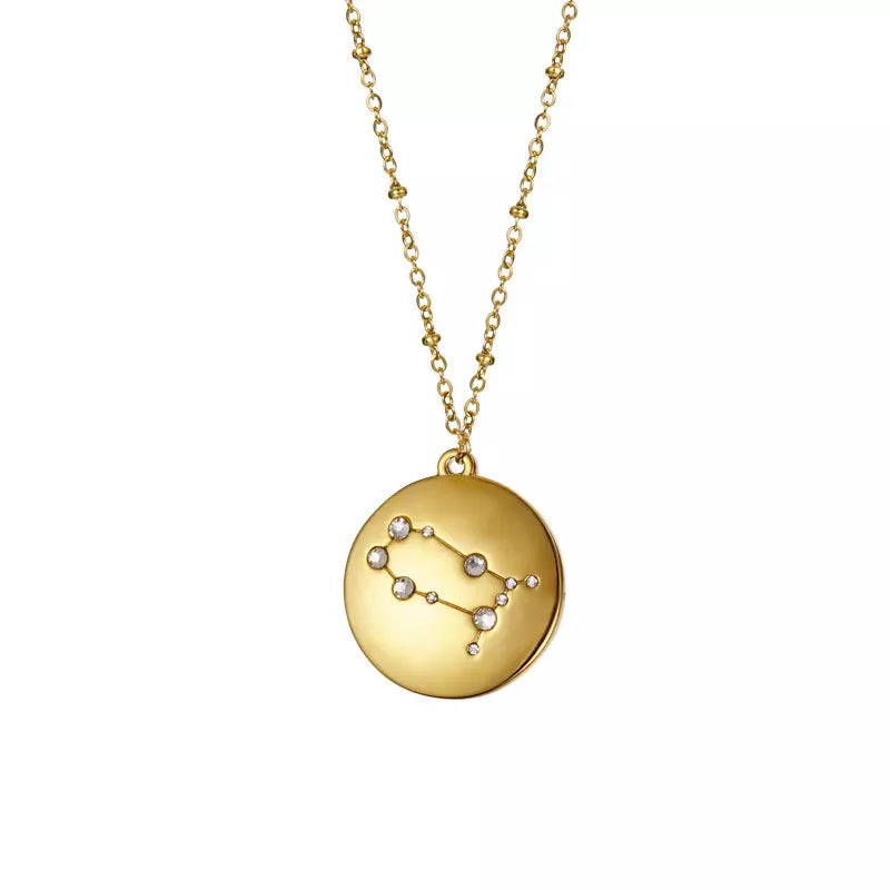 Goldtone & CZ Zodiac Sign Circular Pendant Necklace