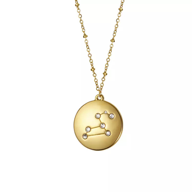 Goldtone & CZ Zodiac Sign Circular Pendant Necklace