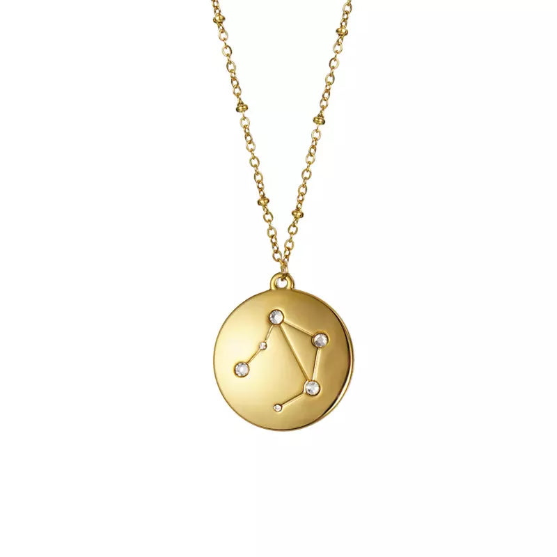 Goldtone & CZ Zodiac Sign Circular Pendant Necklace