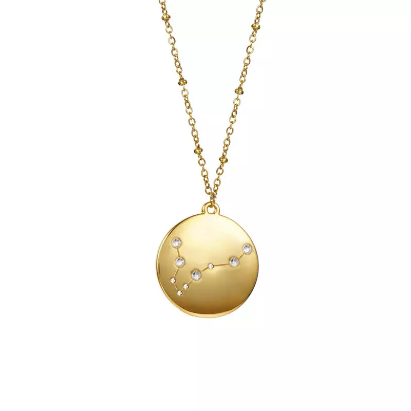 Goldtone & CZ Zodiac Sign Circular Pendant Necklace