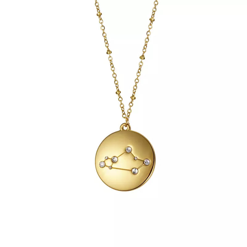 Goldtone & CZ Zodiac Sign Circular Pendant Necklace