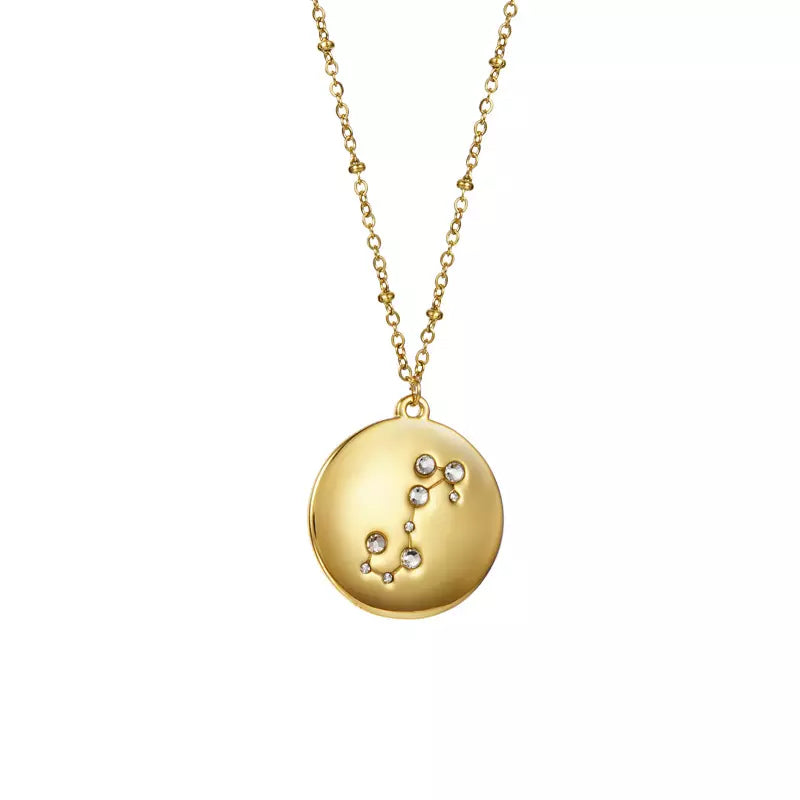 Goldtone & CZ Zodiac Sign Circular Pendant Necklace