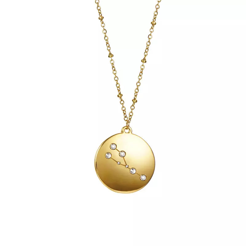 Goldtone & CZ Zodiac Sign Circular Pendant Necklace