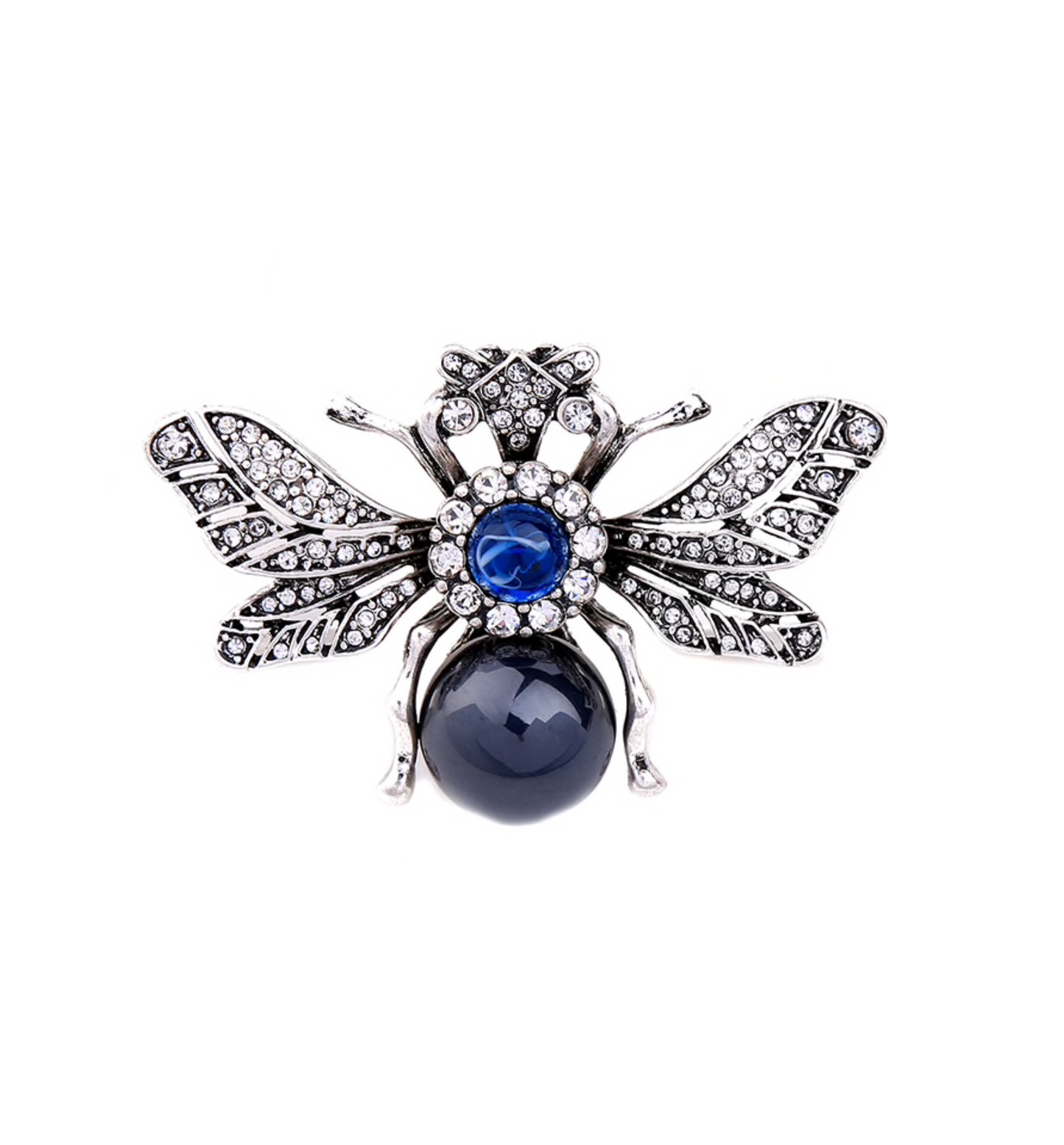 Silvertone & Blue Crystal Bee Brooch