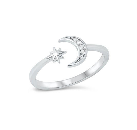 Cubic Zirconia & Sterling Silver Moon & Star Ring