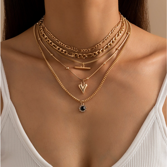 Black Crystal & Goldtone Heart Layered Chain Necklace