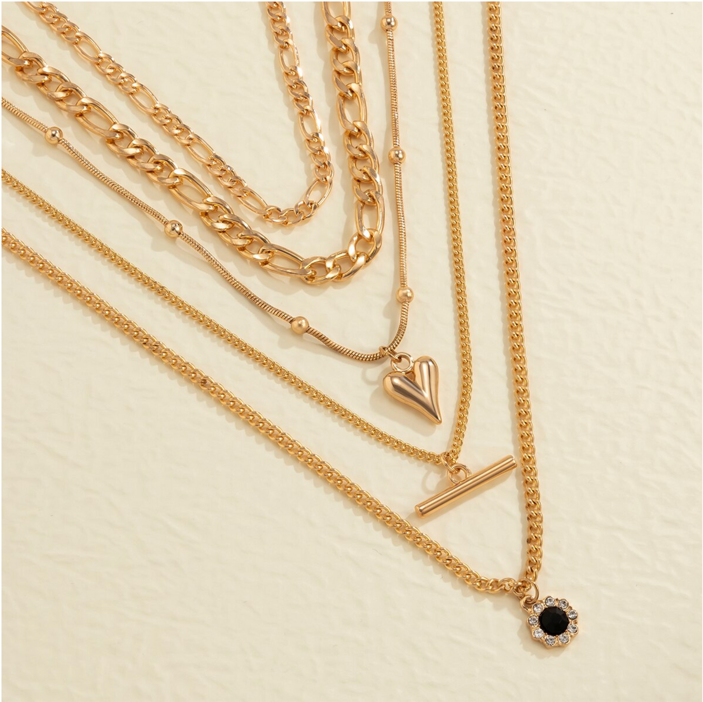 Black Crystal & Goldtone Heart Layered Chain Necklace