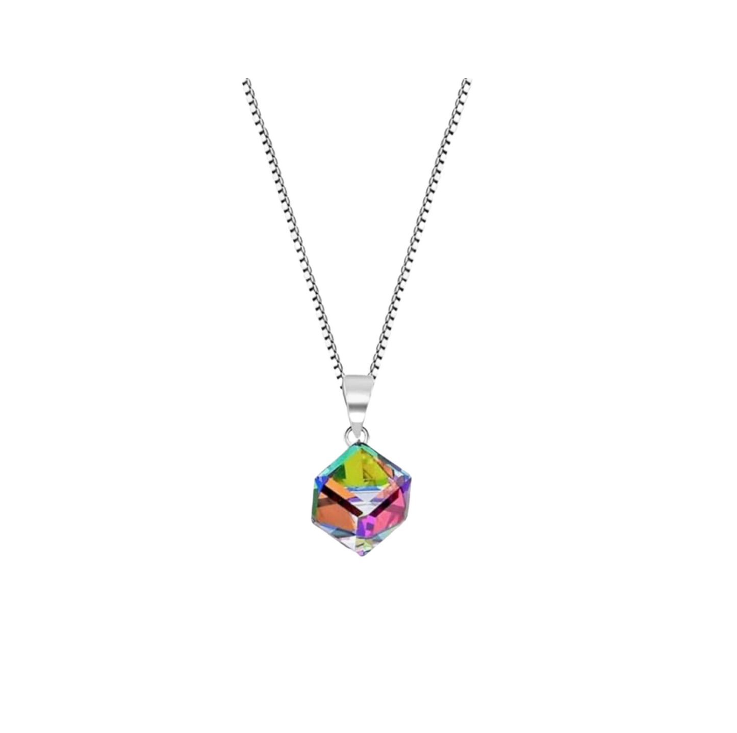 Silvertone Cube Crystal Pendant Necklace