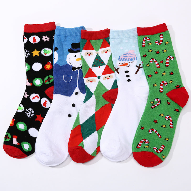 5 Pairs of Christmas Socks with Candycanes and Snowmen