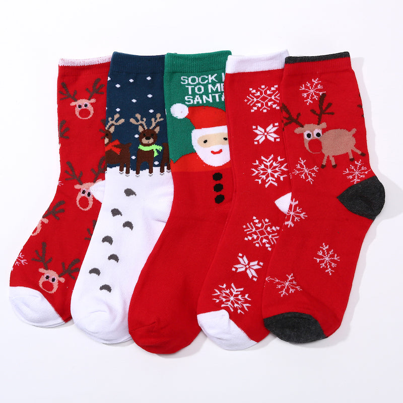 5 Pairs of Christmas Socks with Reindeer and Snowflakes