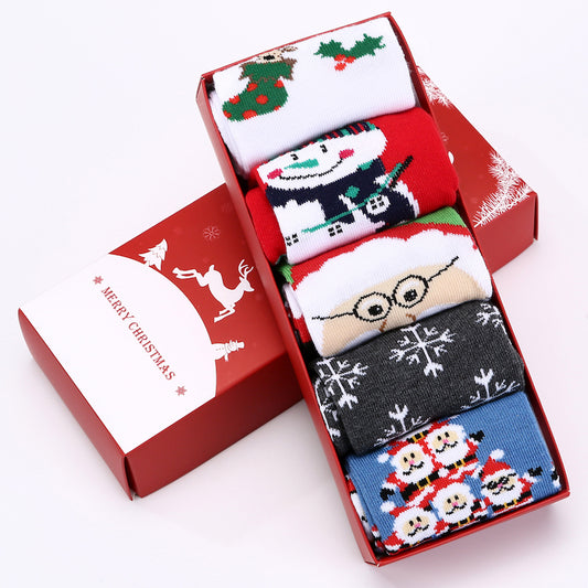 5 Pairs of Christmas Socks with Santa and Snowmen