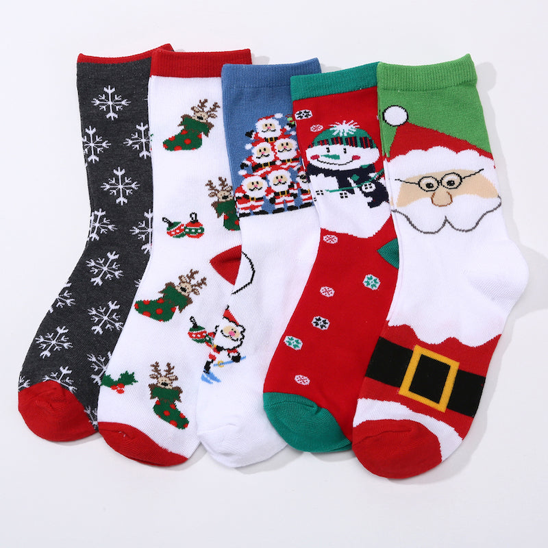 5 Pairs of Christmas Socks with Santa and Snowmen