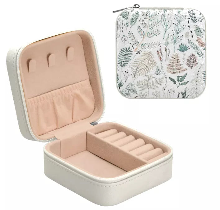 Compact Travel Size Jewelry Storage Box With Fern And Leaf Pattern