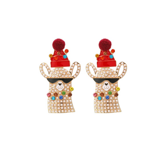 Imitation Pearl & Crystal Cool Llama Christmas Earrings