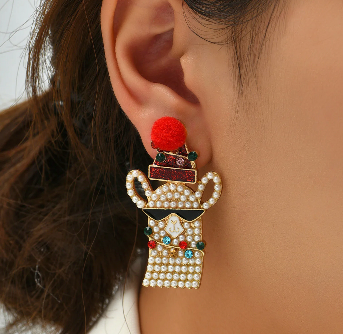 Imitation Pearl & Crystal Cool Llama Christmas Earrings