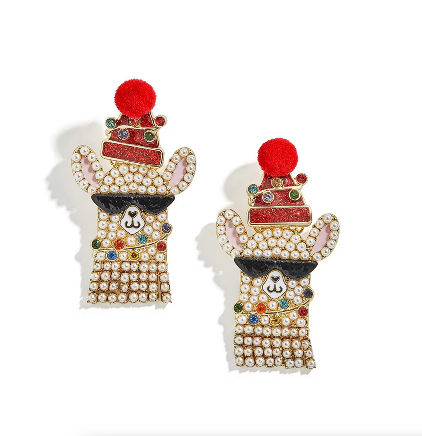 Imitation Pearl & Crystal Cool Llama Christmas Earrings