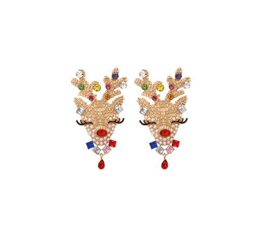 Multi Colored Crystal Reindeer Earrings