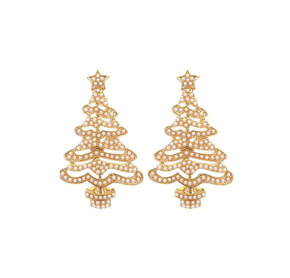 Goldtone & Imitation Pearl Encrusted Christmas Tree Earrings