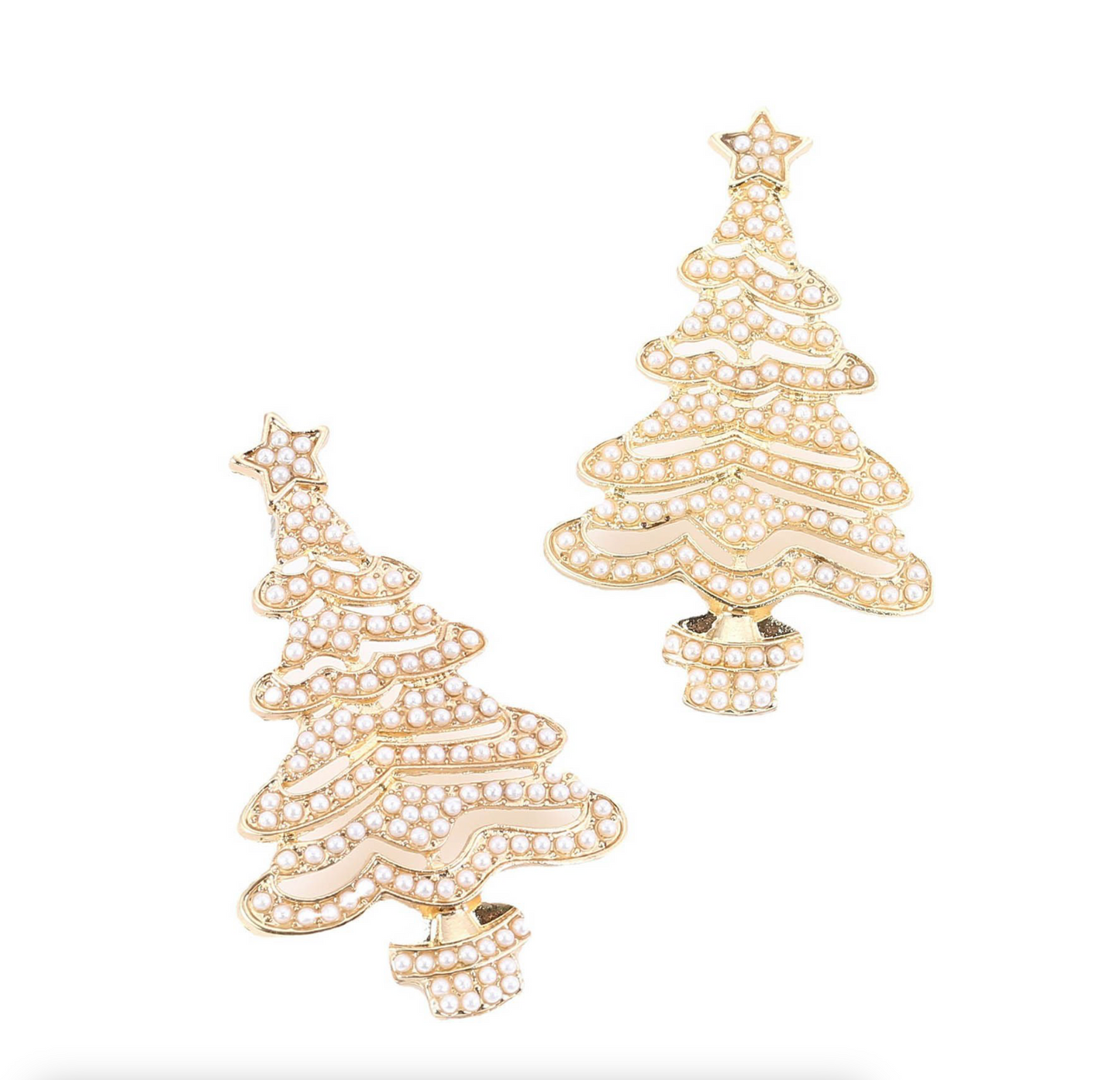 Goldtone & Imitation Pearl Encrusted Christmas Tree Earrings