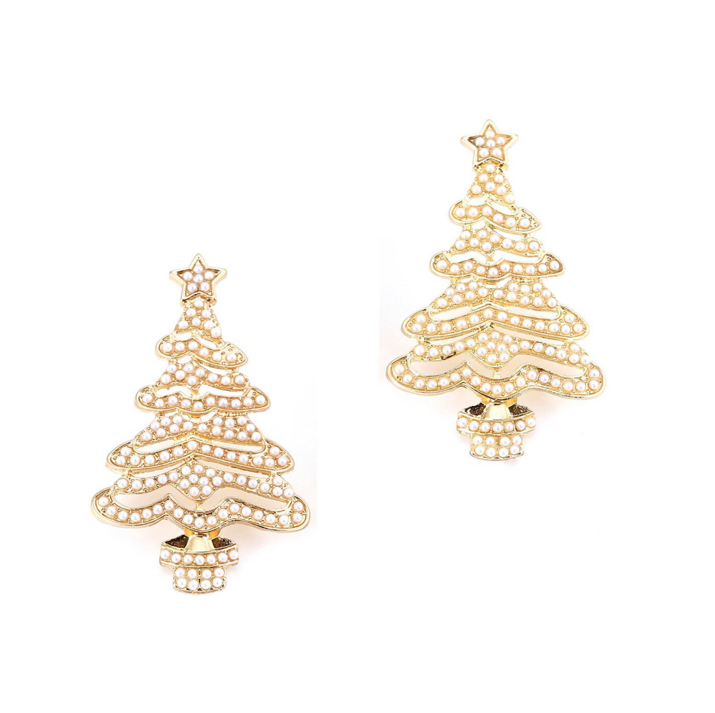 Goldtone & Imitation Pearl Encrusted Christmas Tree Earrings