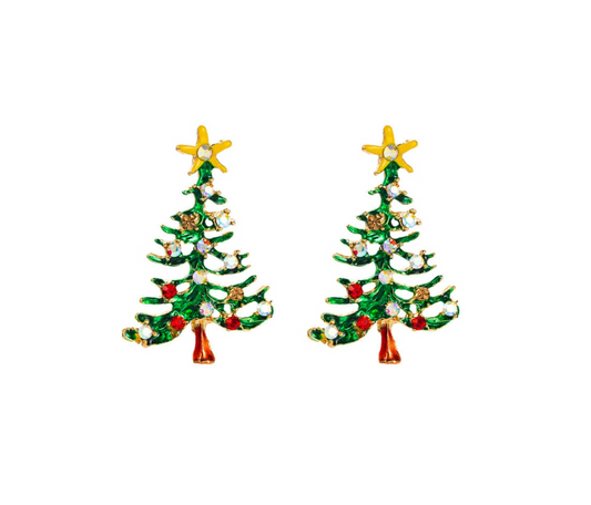 Green Crystal Decorated Christmas Tree Stud Earrings