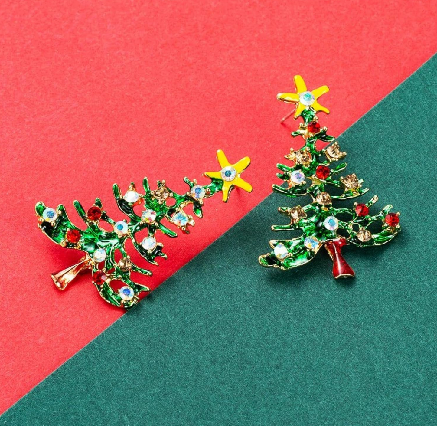 Green Crystal Decorated Christmas Tree Stud Earrings