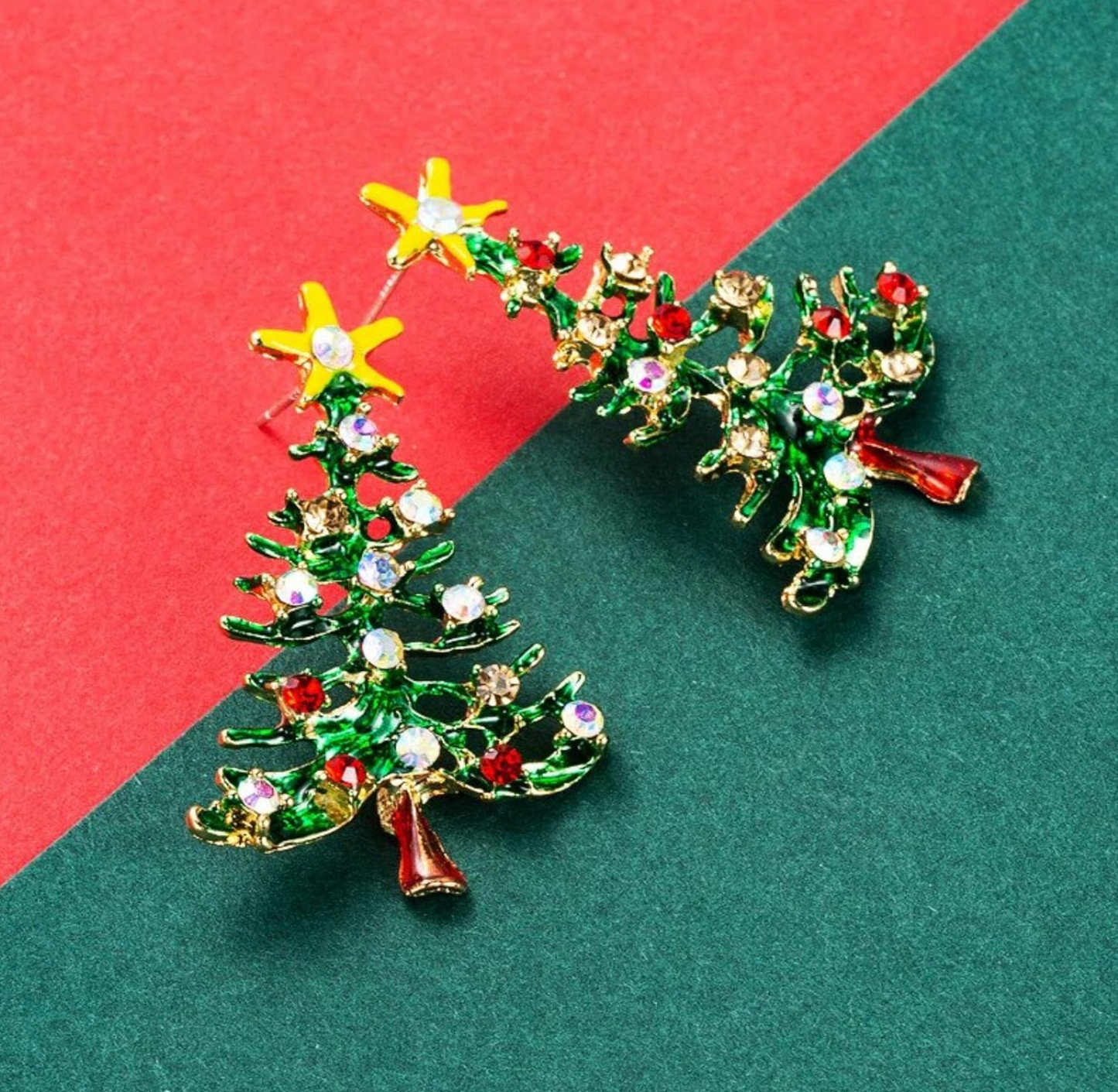 Green Crystal Decorated Christmas Tree Stud Earrings